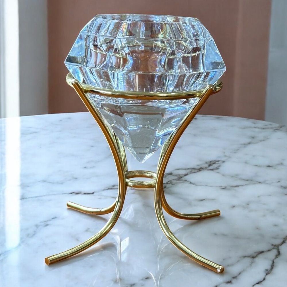 PARTYLITE Diamond Solitaire Shaped 24% Lead Crystal Candle Holder Gold Stand